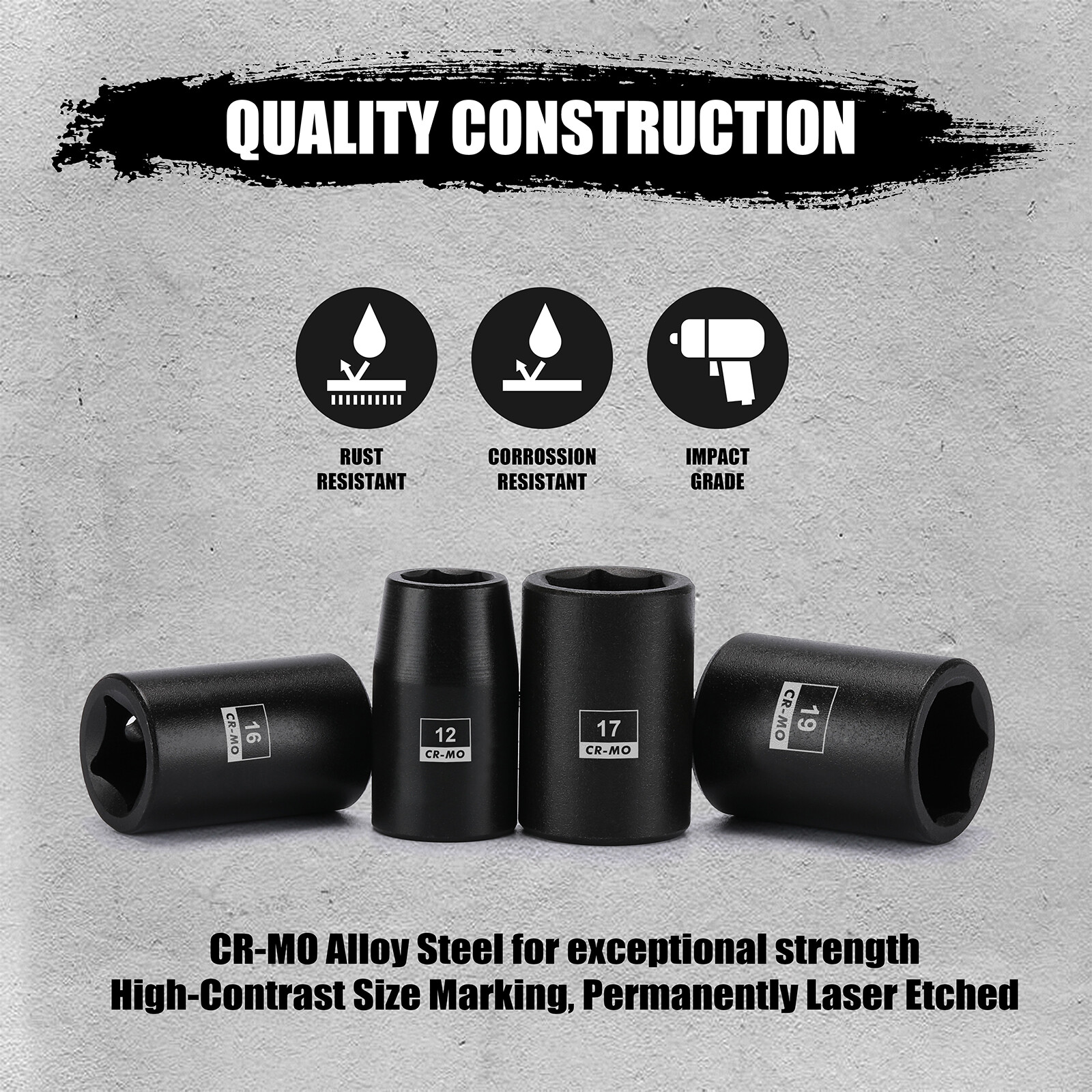 26PCS 1/2″ Drive Impact Socket Set,Metric,Shallow,10mm to 36mm Cr-Mo Alloy Steel