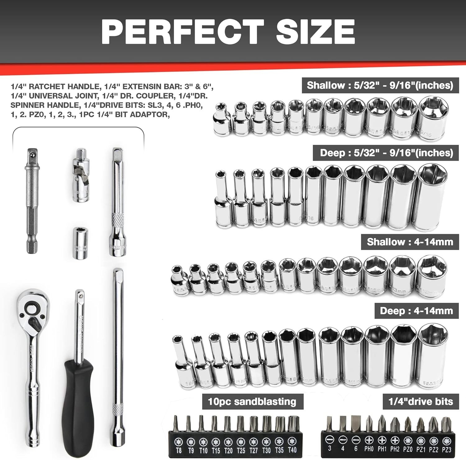 75pcs 1/4″ Drive Master Impact Socket Wrench Set with Case,Metric & SAE, 6-Point
