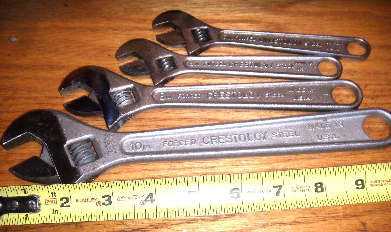4 CRESTOLOY CRESCENT ADJUSTABLE WRENCH # 10,8,6,6 USA SATIN FINISH NY VG COND.