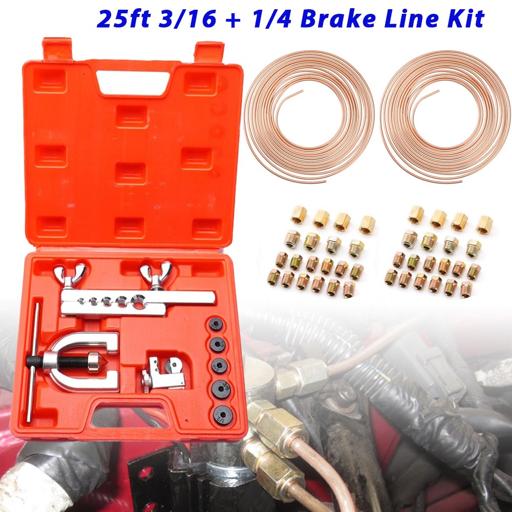 New 25ft 3/16 + 1/4 Copper Coated Brake Line & Double & Single Flaring Tool Kit