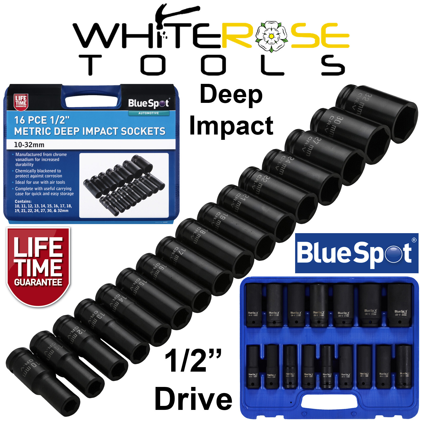 BlueSpot Deep Impact Socket Set 1/2″ Drive 16pc 10-32mm 6 Point Sockets in Case