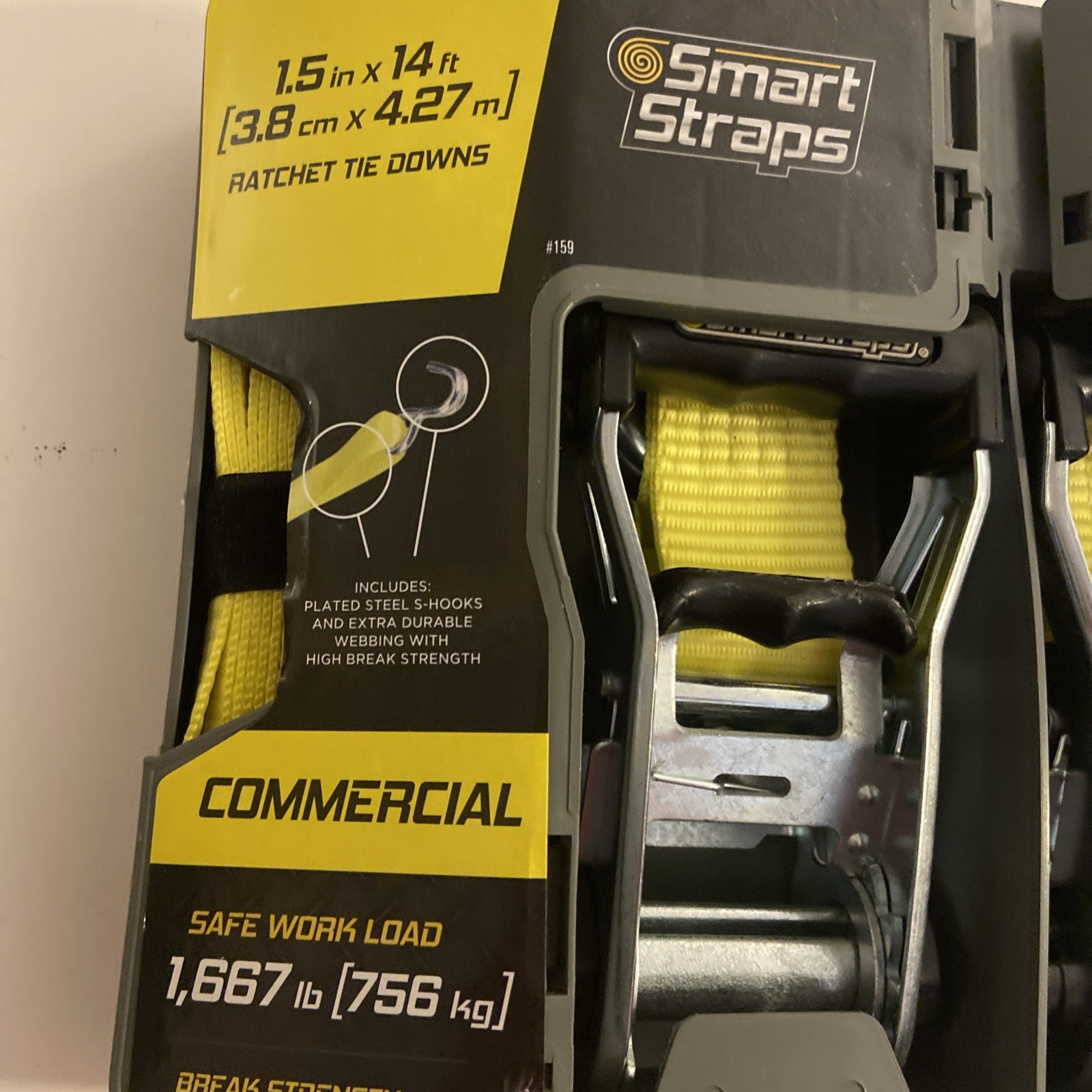 Commercial Smart Straps Ratchet Tie-Downs, 14′ x 1.5″, 2-Pack, 5000 lb, J-Hook