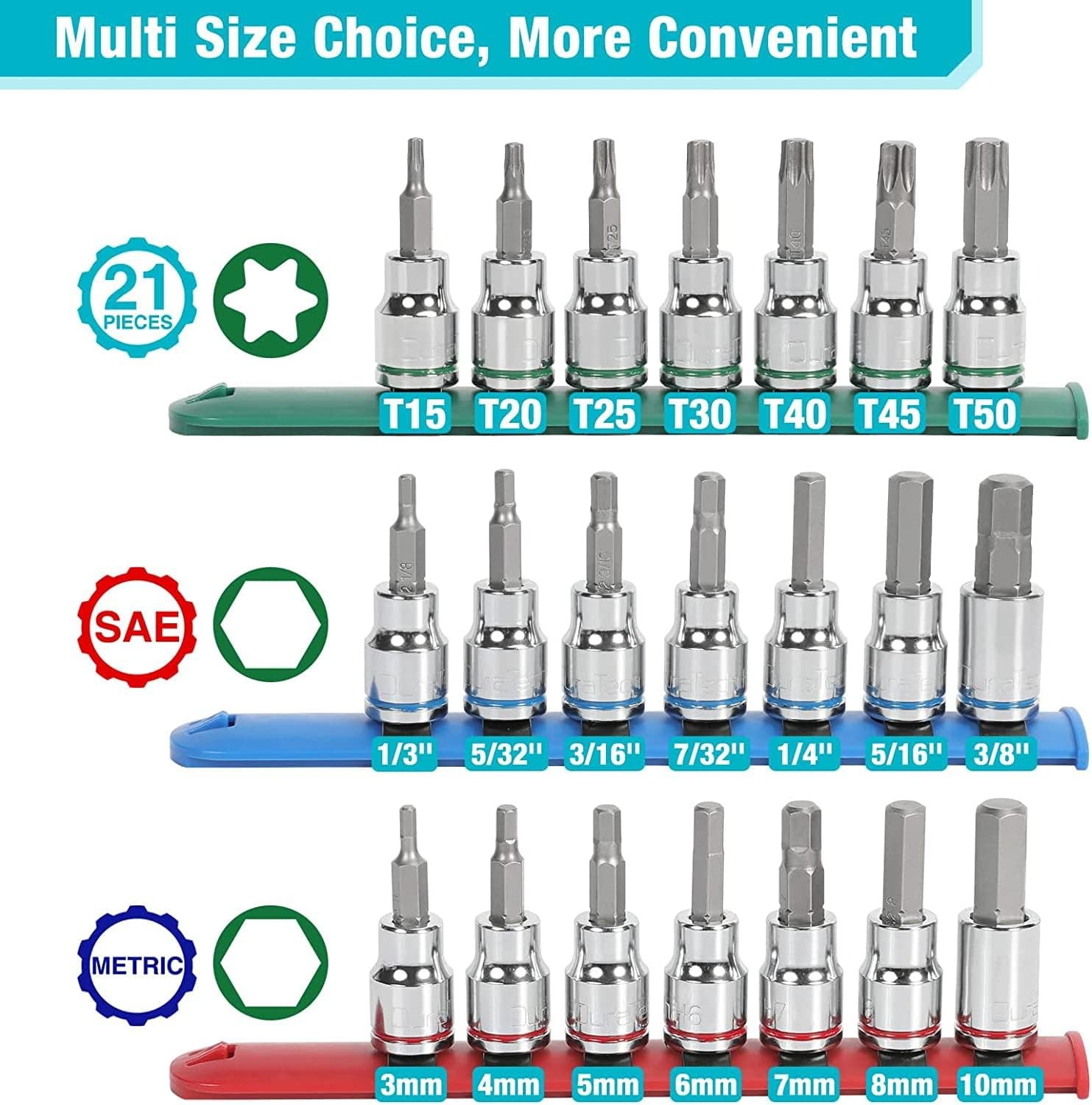 21PCS 3/8″ Drive Torx & Hex Bit Socket Set SAE Metric S2 & CR-V w/ Rail