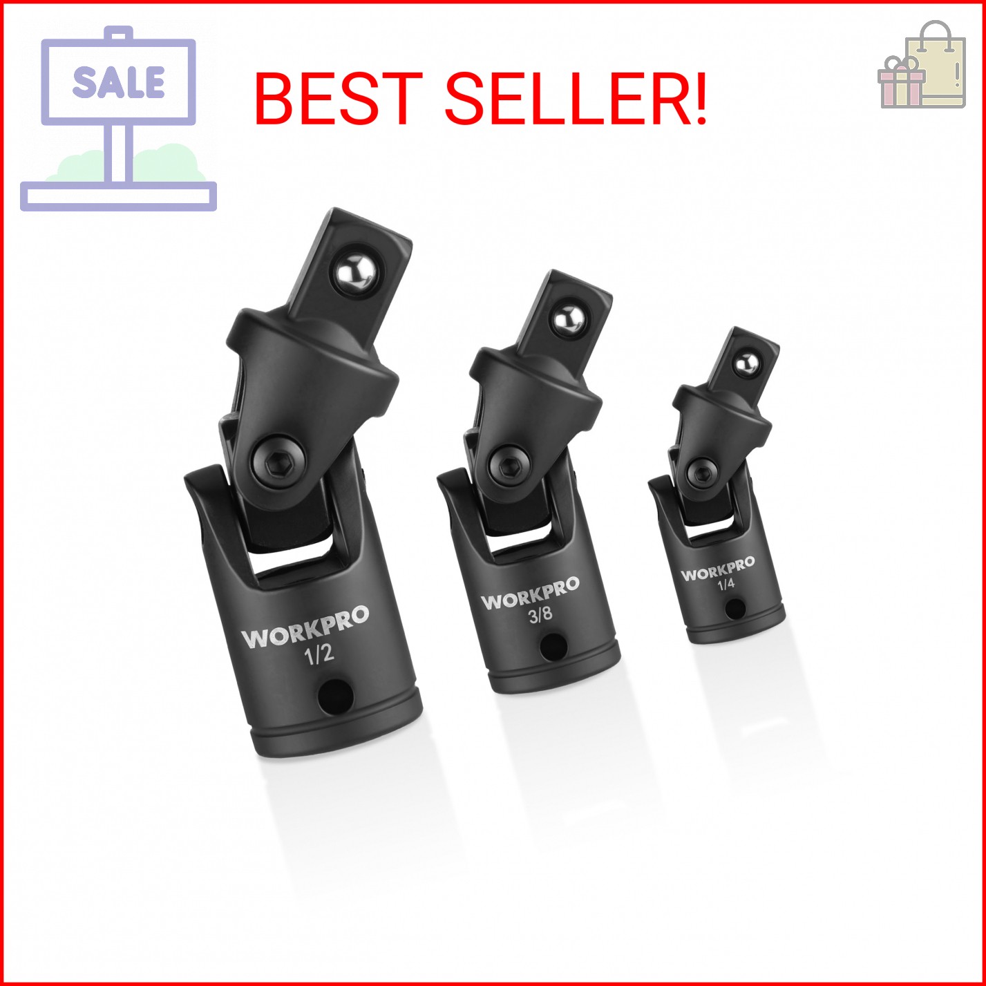 WORKPRO Universal Joint Socket Adapter Set, 3-Piece 1/4″ 3/8″ 1/2″ Drive