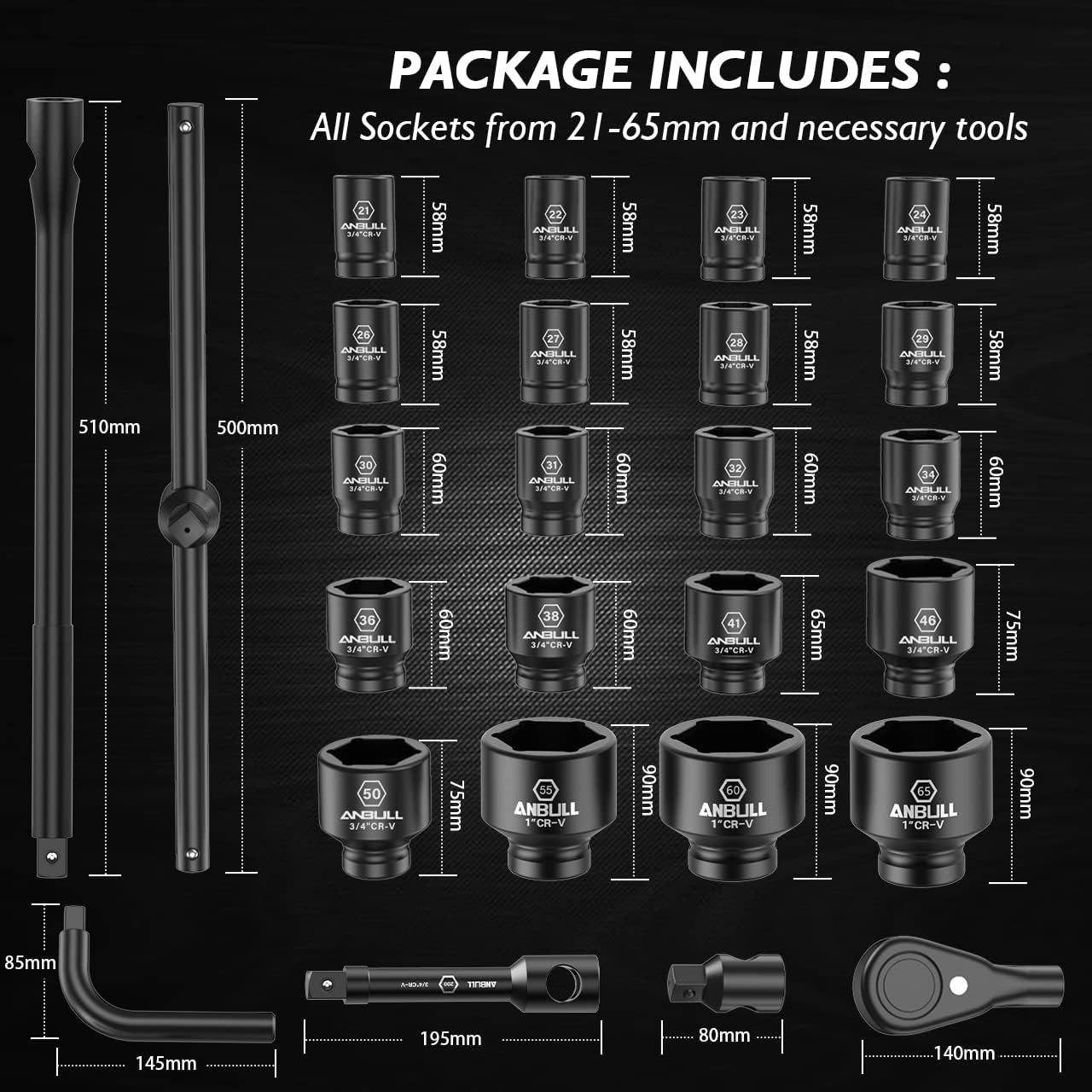 3/4-Inch and 1-Inch Drive Jumbo Impact Socket Sets, 27 PCS Shallow Socket Ass…