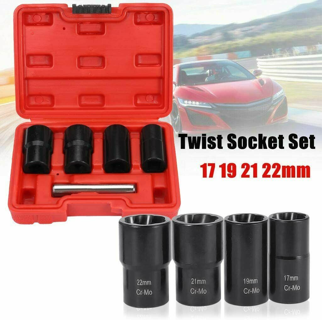 5Pc 1/2” Twist Socket Drive 17 19 21 22mm For Wheel Lock Nut Damaged Removal Set