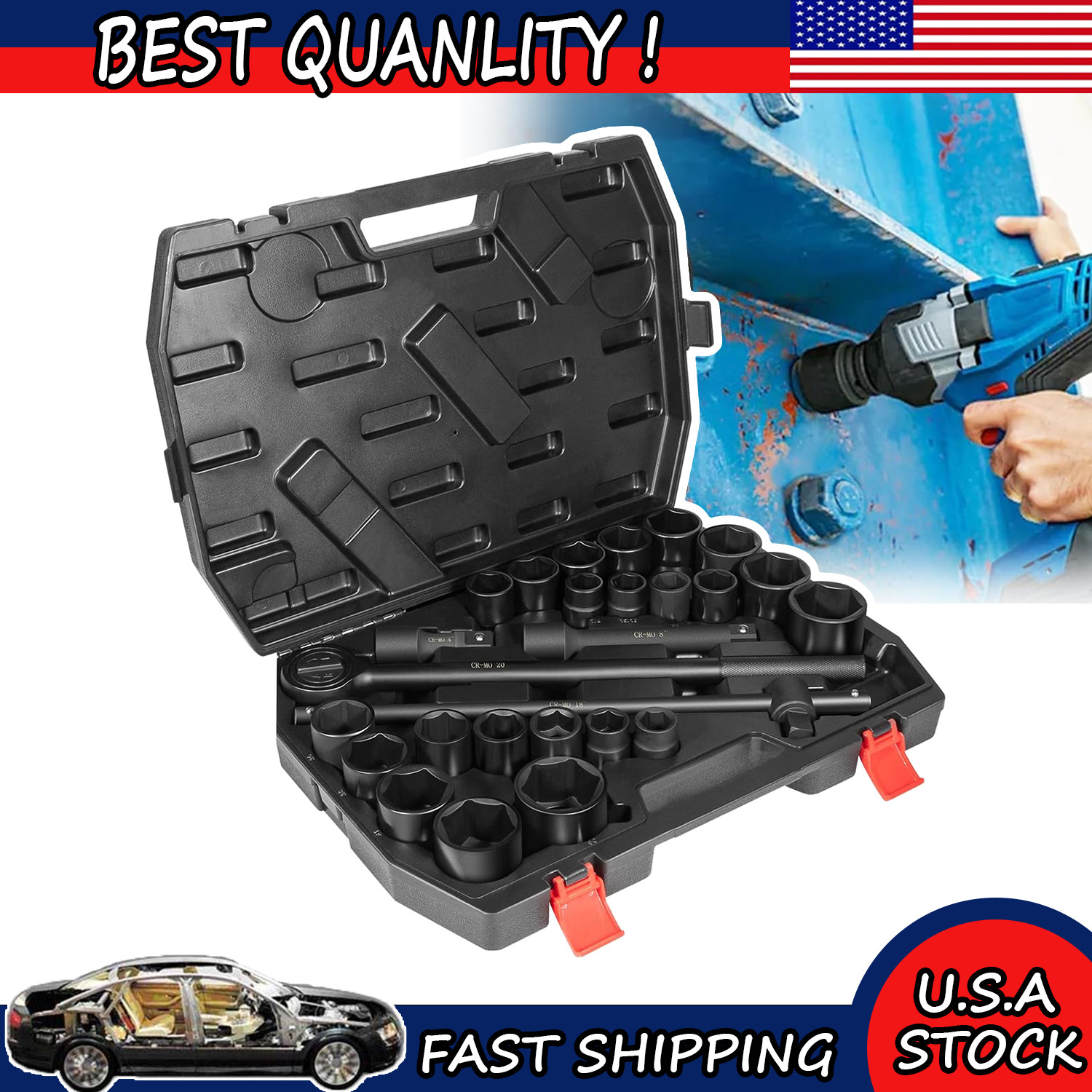 3/4″ Impact Socket Set 27 Pcs SAE 7/8″-2″ Metric 22-50 MM Standard Kit with Case