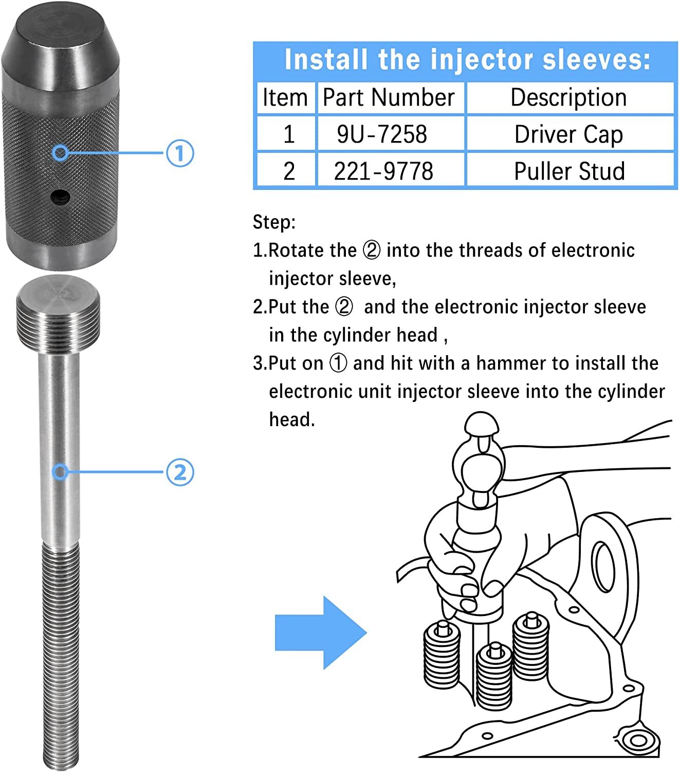9U-6891 For CAT 3406E C10 C12 C15 C16 C-18 Injector Sleeve Remover Installer Set