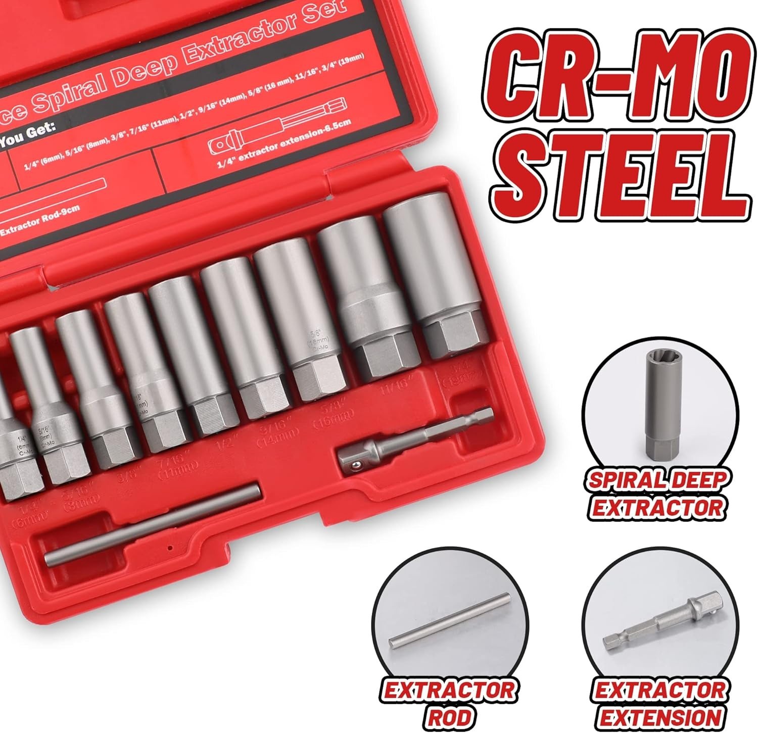 Bolt Extractor Kit for Deep Well Bolt, 11 Pcs Lug Nut Extractor Set, Deep Socket
