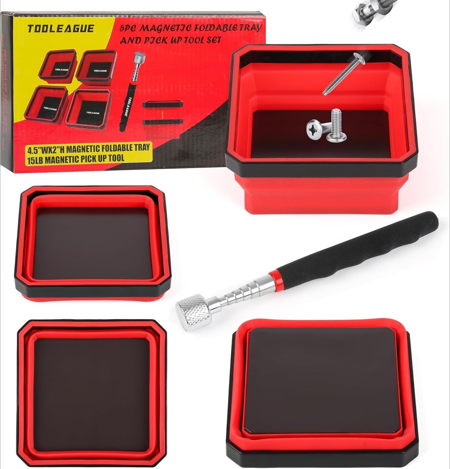 4Pcs Collapsible Magnetic Parts Tray Set with 15Lb Magnetic Pickup Pen