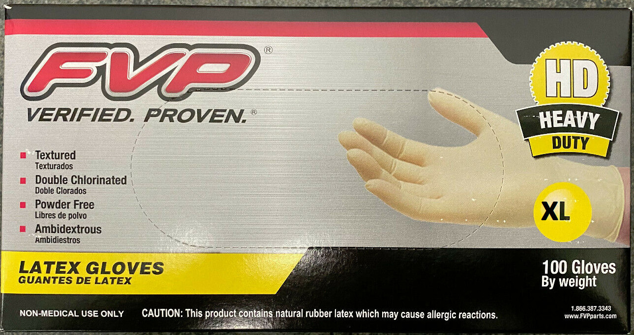 FVP Latex Gloves X-LARGE Textured Double Chlorinated Powder Free Ambidextrous HD