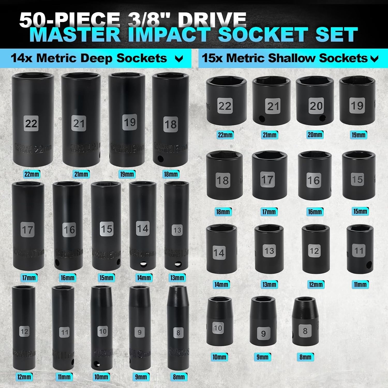Impact Socket Set, 3/8 inch 50 Piece SAE and Metric Set, Standard SAE 5/16 to…
