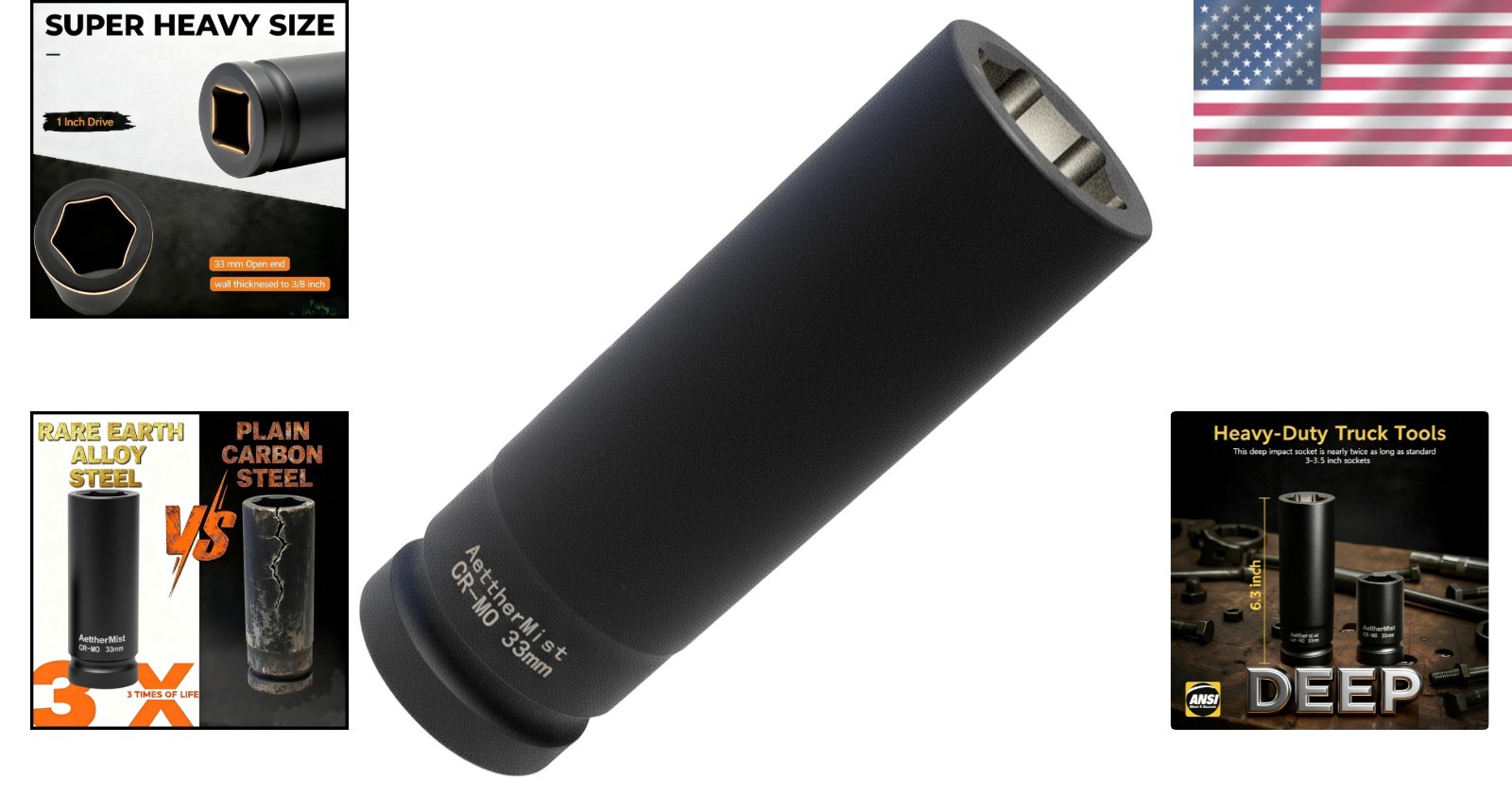 Deep Axle Nut Socket 33mm for Truck Maintenance, Chrome Molybdenum Steel