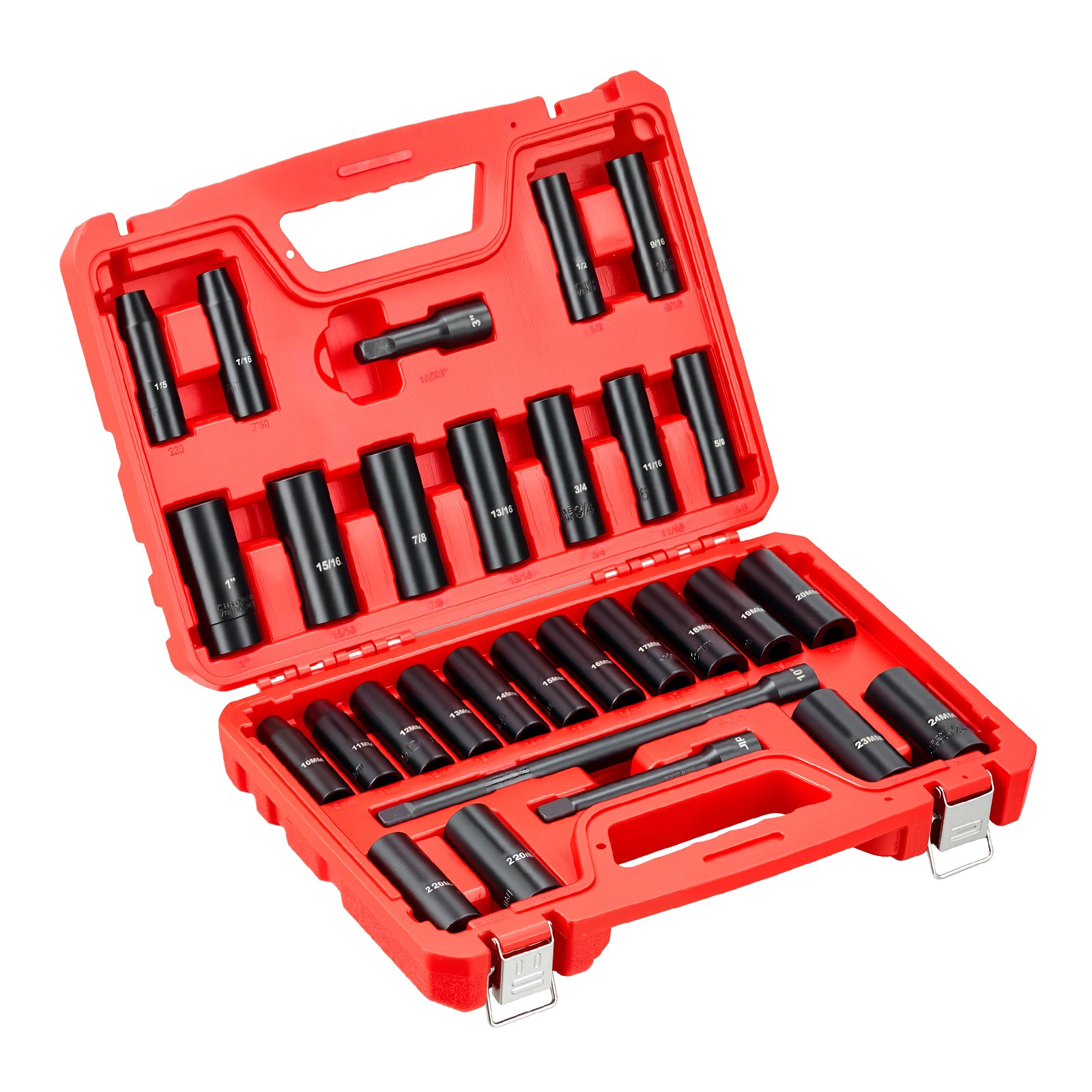 29Pcs 1/2″ Drive Deep Impact Socket Set with Extension Bars SAE and Metric CR-V