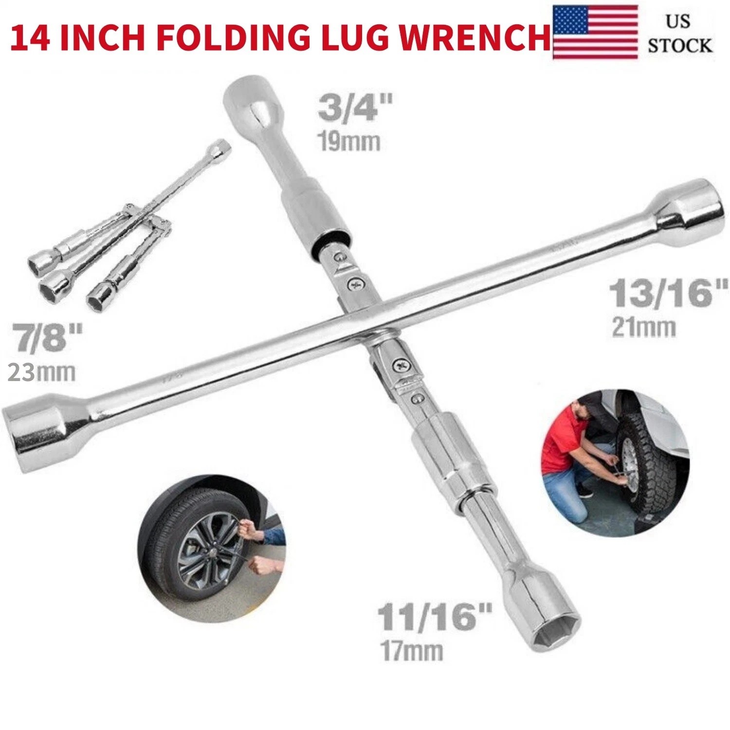 Folding 4-Way Lug Wrench 14 Inch – Universal Cross Tire Iron for Cars Trucks