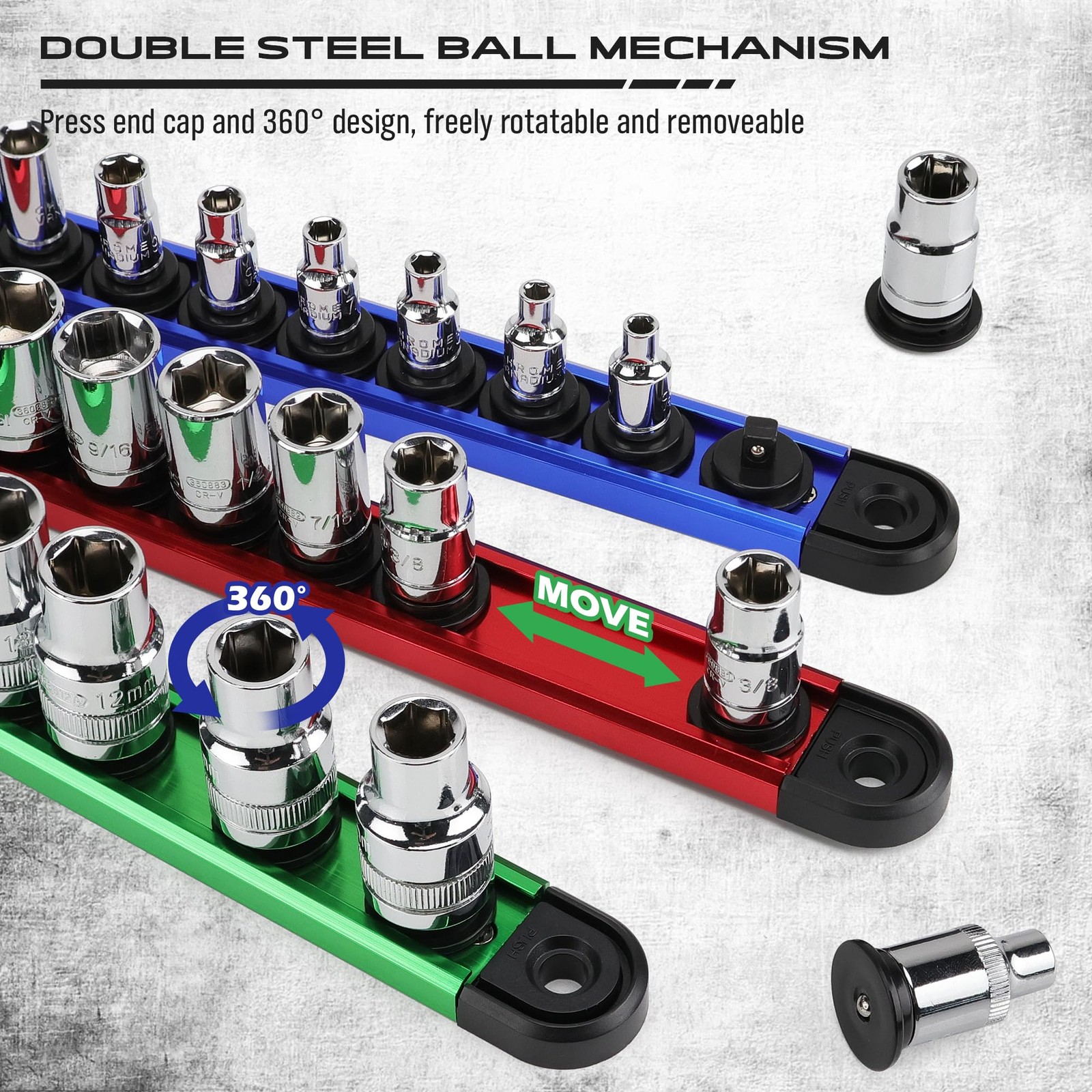 Magnetic Socket Holder Organizer Set: 9-Piece 1/2,1/4,3/8, Blue Red Green
