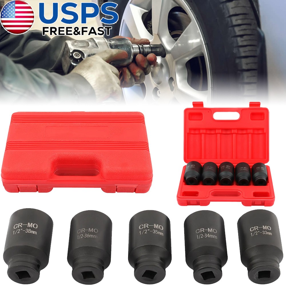 5Pcs 1/2″ Drive Deep Impact Axle Hub Socket Set 6 Point 33mm 34mm 35mm 36mm 38mm