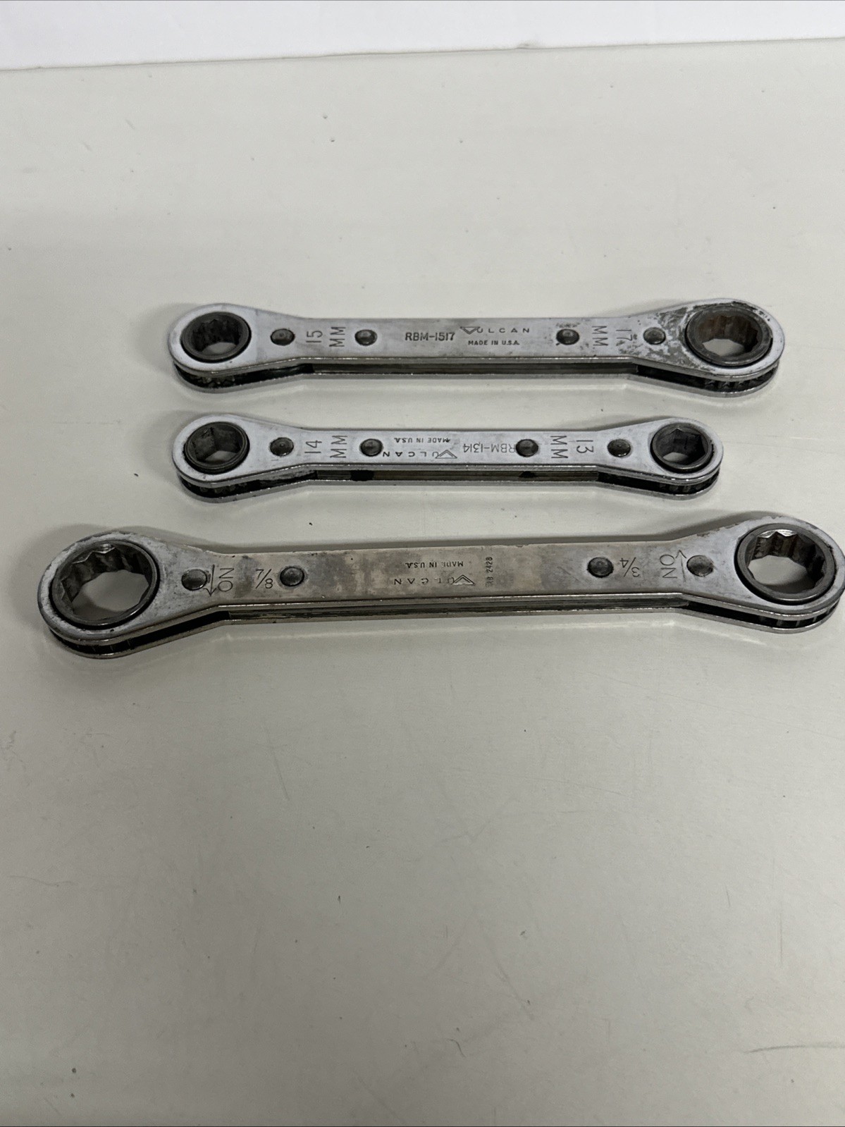 NOS Vintage Vulcan RBO-2226DH 12 Point Ratcheting Wrench Metric SAE 3 Piece Set