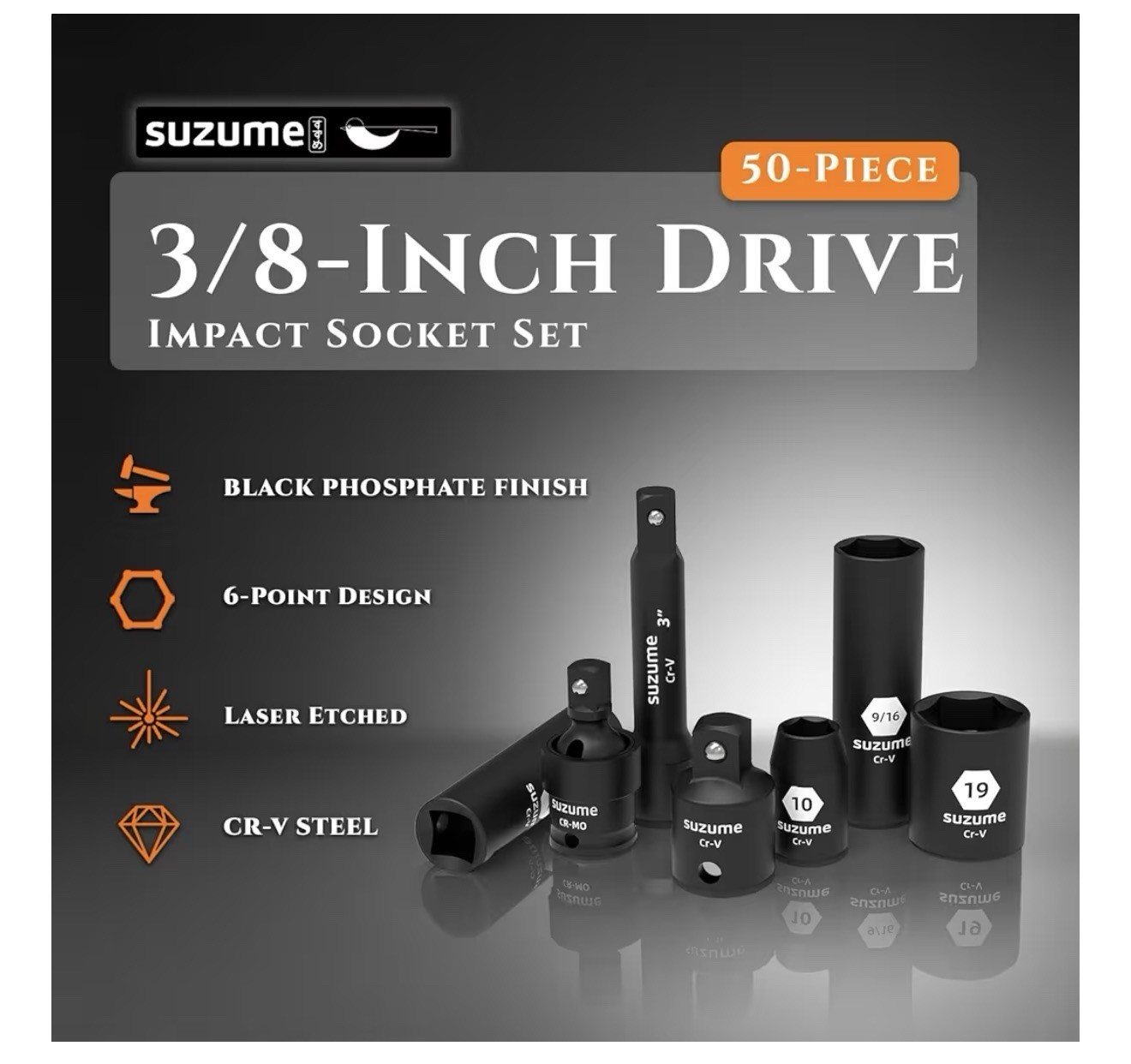 SUZUME 3/8 Impact Socket Set, Cr-V Steel, 6 Point, 3/8″ Drive, 50-Piece