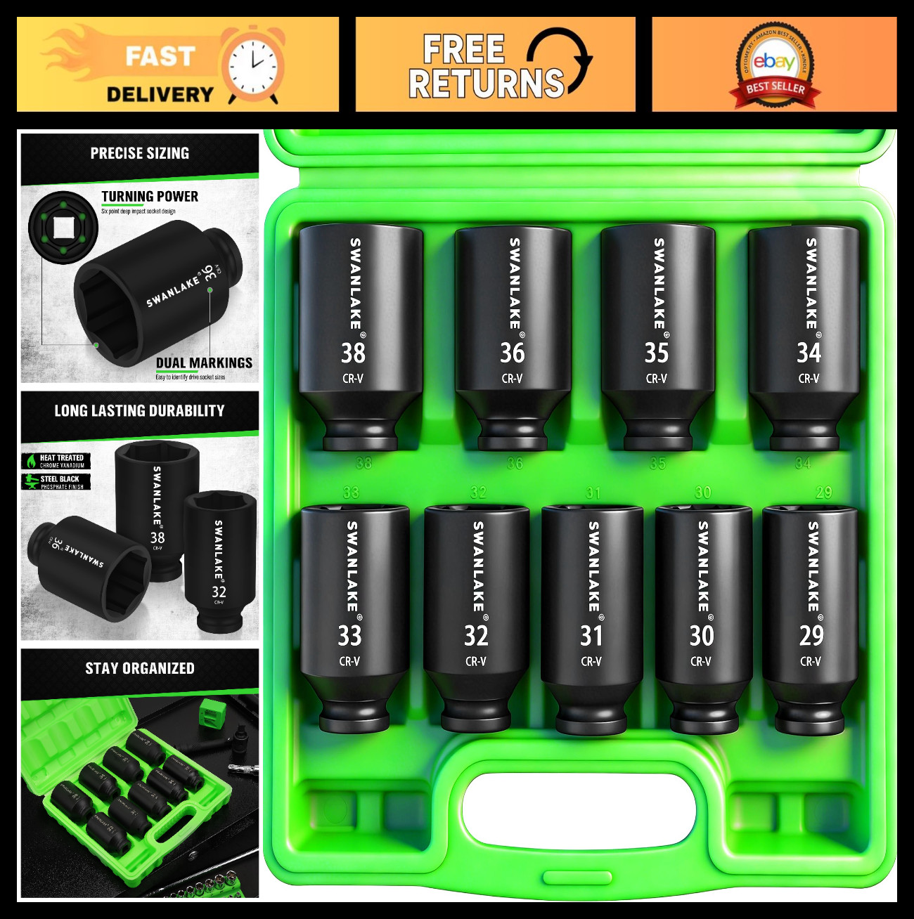 9-Piece Deep Metric Impact Axle Nut Socket Set 29mm-38mm, High Torque Cr-V Socke