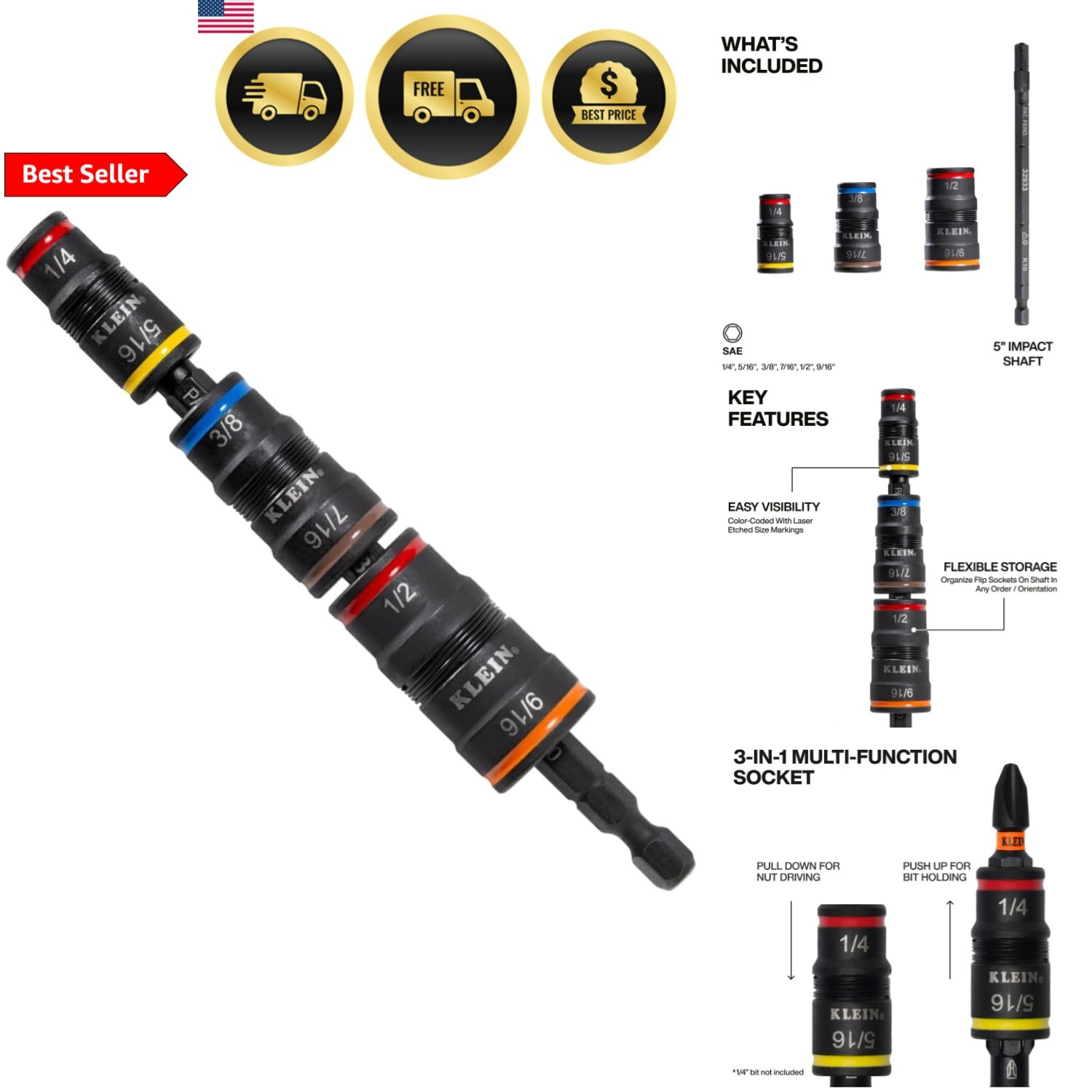 Impact Driver Socket Set 7-in-1 SAE Impact Rated Heavy Duty for Construction