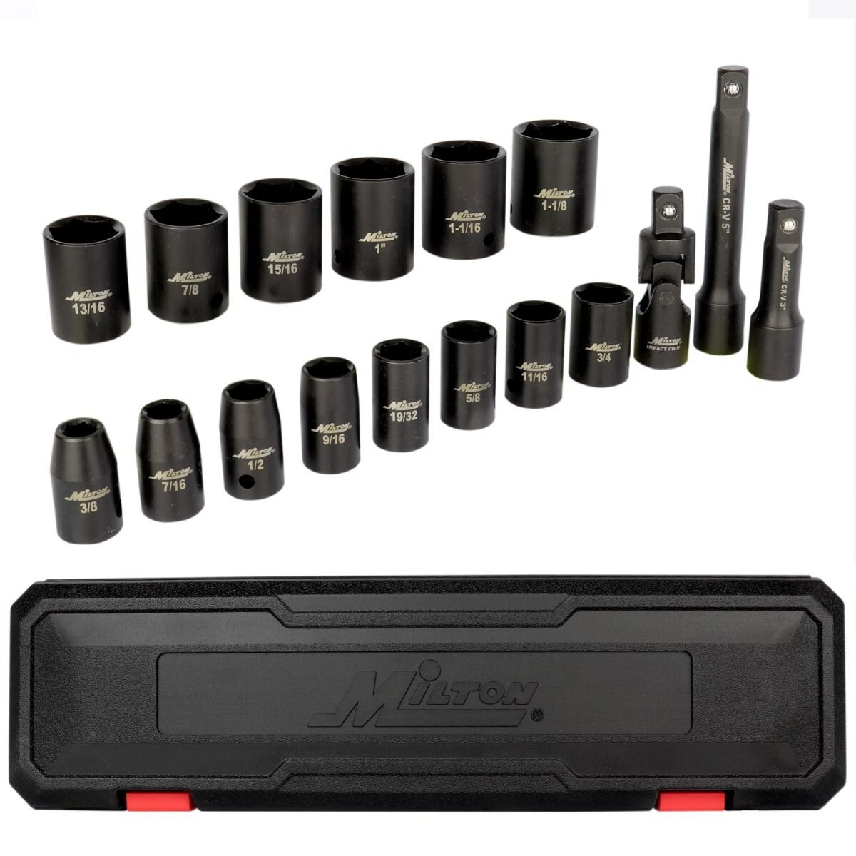 Milton® 17-Pc. 1/2” Dr Shallow 3/8 to 1-1/8″ SAE Impact Socket Set w/ Univ Joint