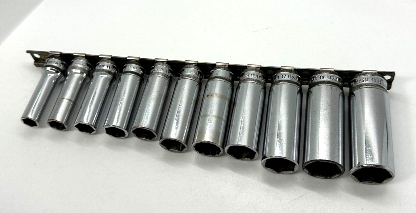 🇺🇸 Snap On Tools USA 9mm- 19mm Metric 3/8″ Drive DEEP Socket Set Lot 6-PT Rail