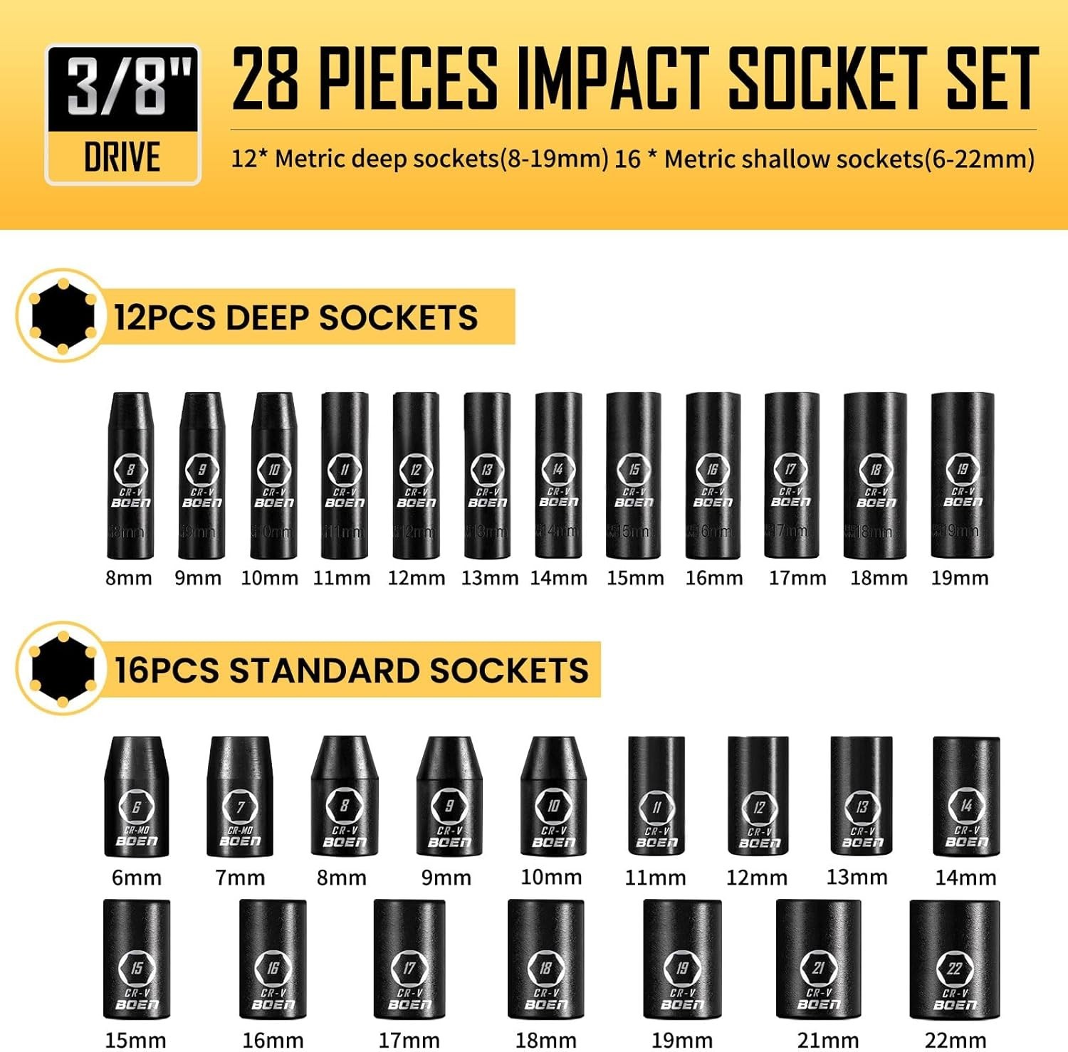 3/8″ Drive Impact Socket Set, 59-Piece Standard SAE 5/16 to 3/4 inch and Metr…