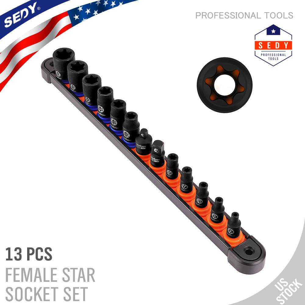 13PC Female E Torx Star Socket Set Rail E4-E20 Driver 3/8″ 1/4″ Impact Adapter