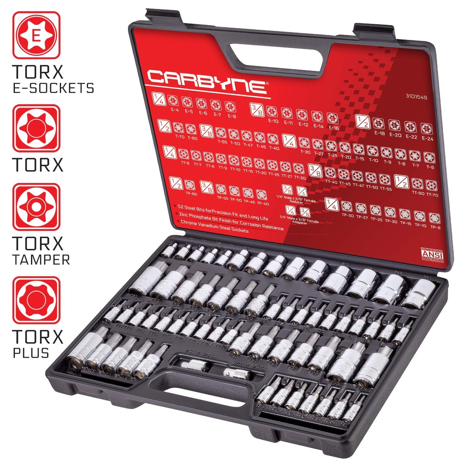 62-Piece Torx Bit Socket Set – S2 Steel, Tamper Resistant, T6-T70, E4-E24, 1/4-1