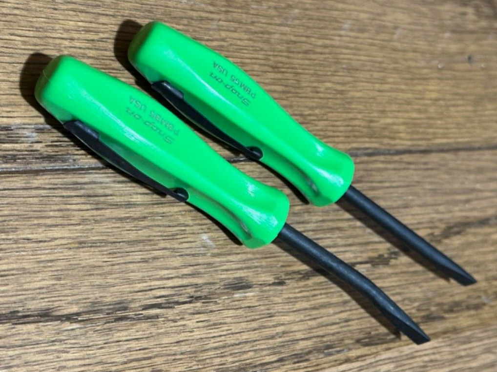 🆕 Snap on Tools GREEN 5″ Straight Bent Curved Mini Pocket Clip Pry bar Set Lot