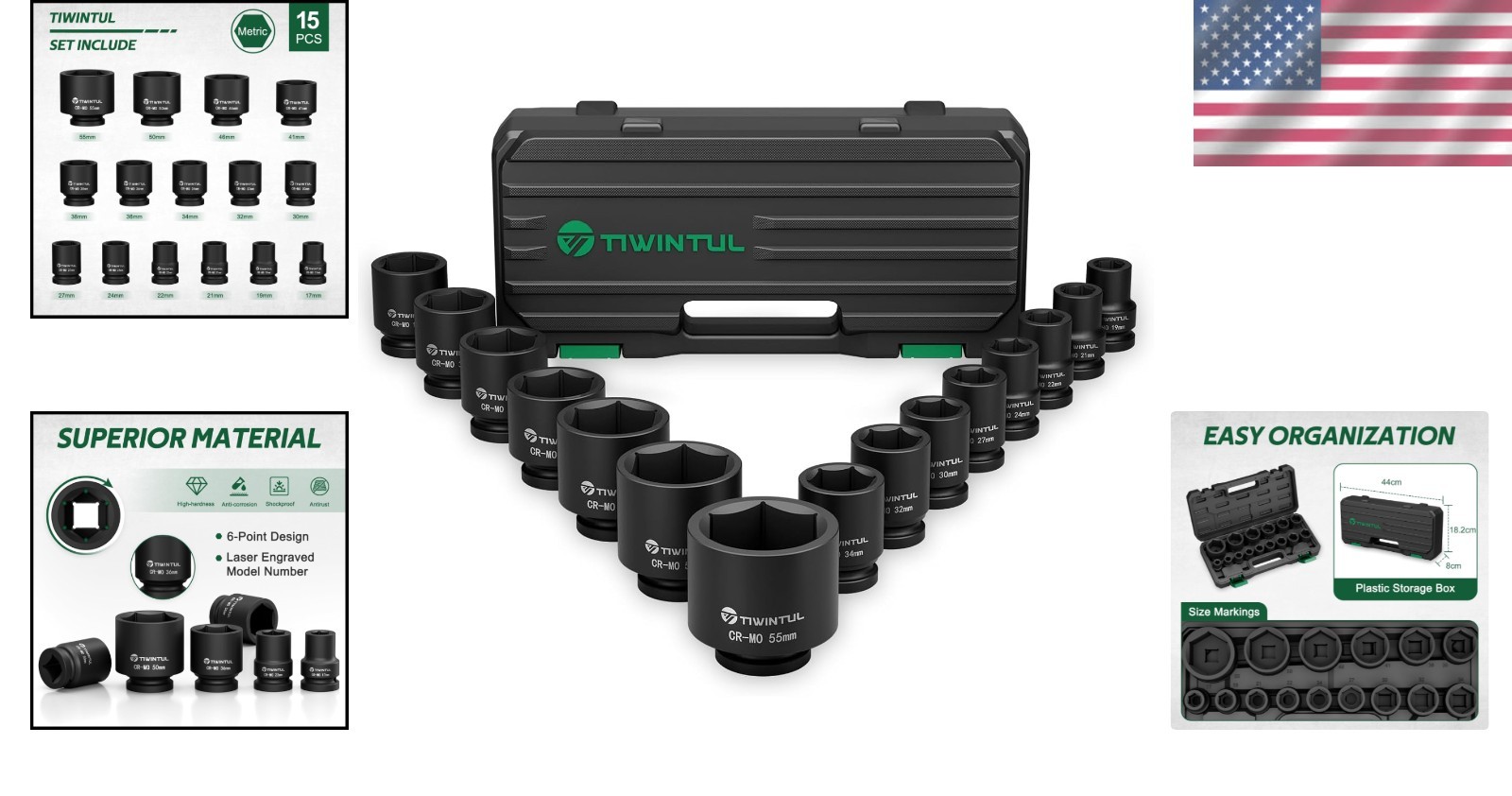 3/4 Inch Drive Impact Socket Set, 15 Pieces Heavy Duty 6-Point CR-MO Steel Im…
