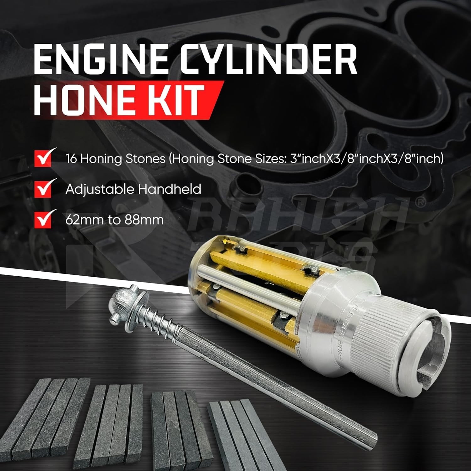 Engine Cylinder Hone Kit 62mm to 88mm Adjustable Handheld Honing Tool with 16…