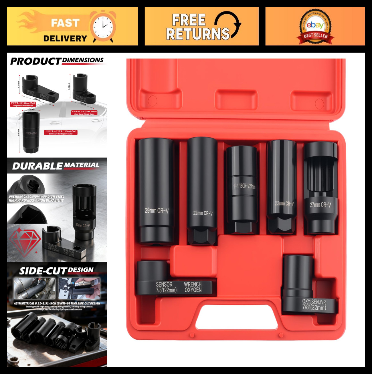 7PCS Heavy Duty Oil Pressure Sensor Socket Set, 22mm 27mm 29mm, Automotive Tools