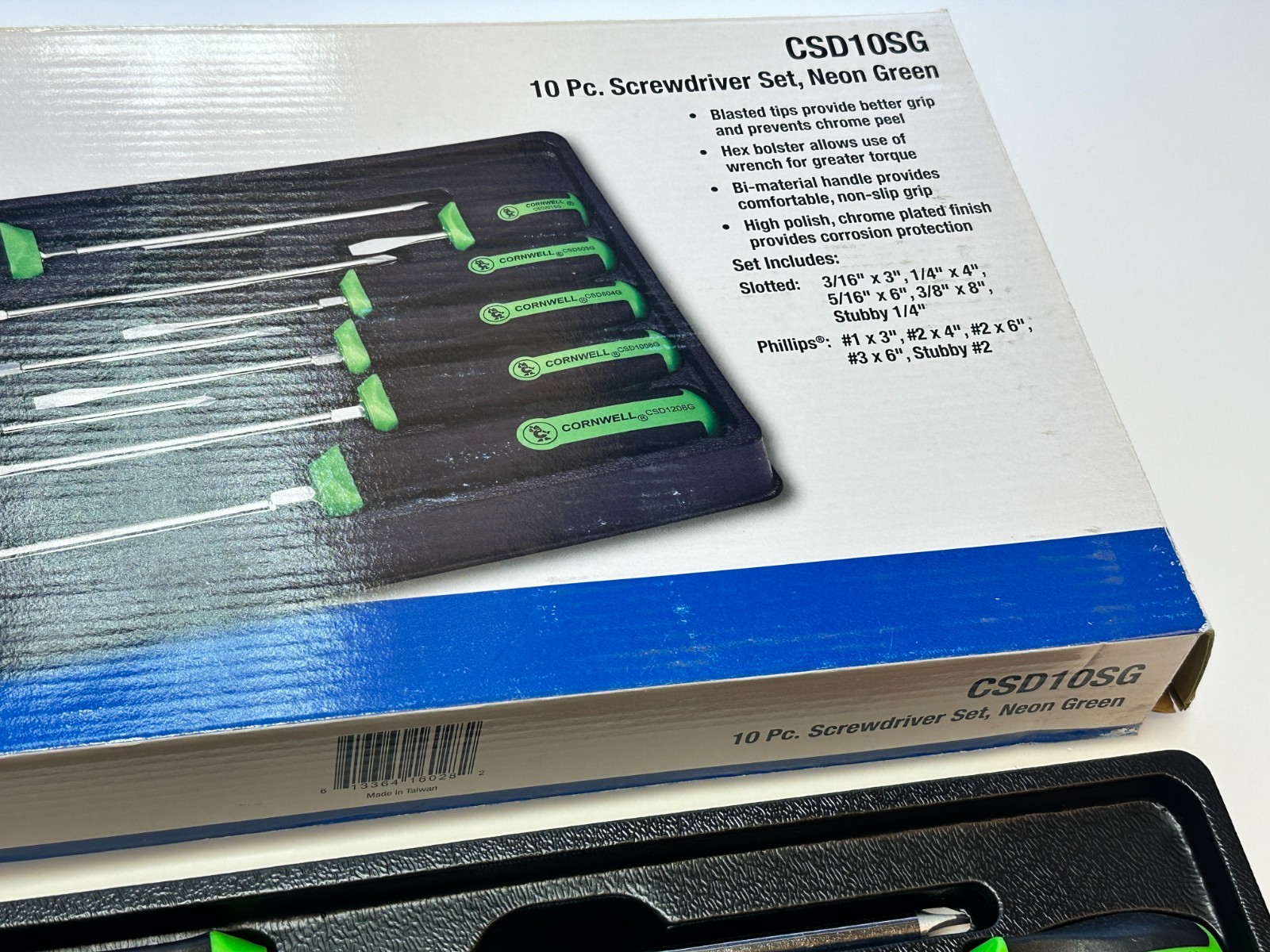 NEW Cornwell Tools CSD10SG 10pc NEON GREEN Square Grip Screwdriver Set, NOS