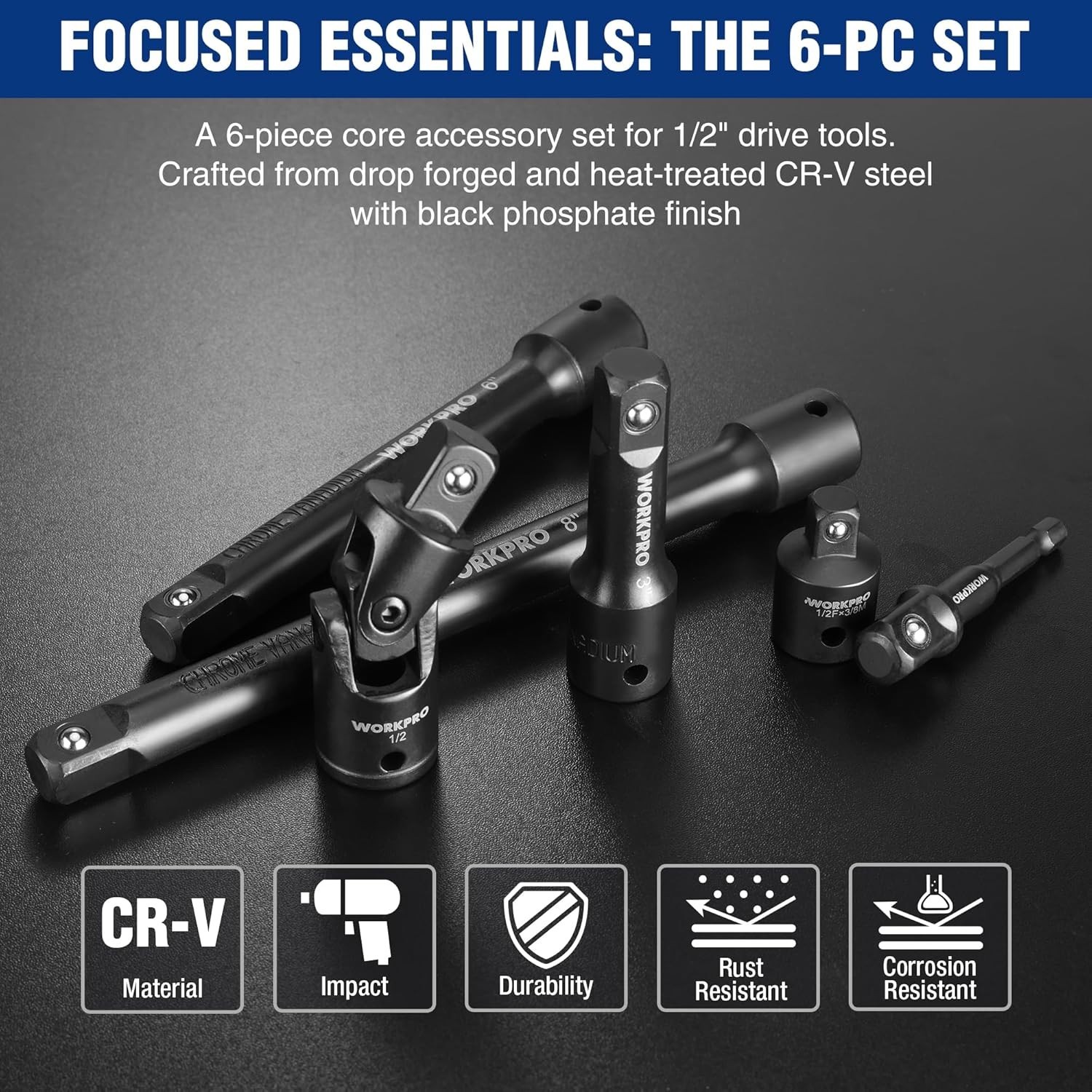 WORKPRO 6-Piece 1/2″ Drive Impact Socket Extension Set, Includes 3″, 6″, 8″ Exte