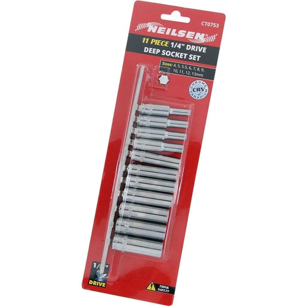 Neilsen 11pc 1/4″ Metric Long Reach Deep Sockets 4mm – 13mm Set With Rail