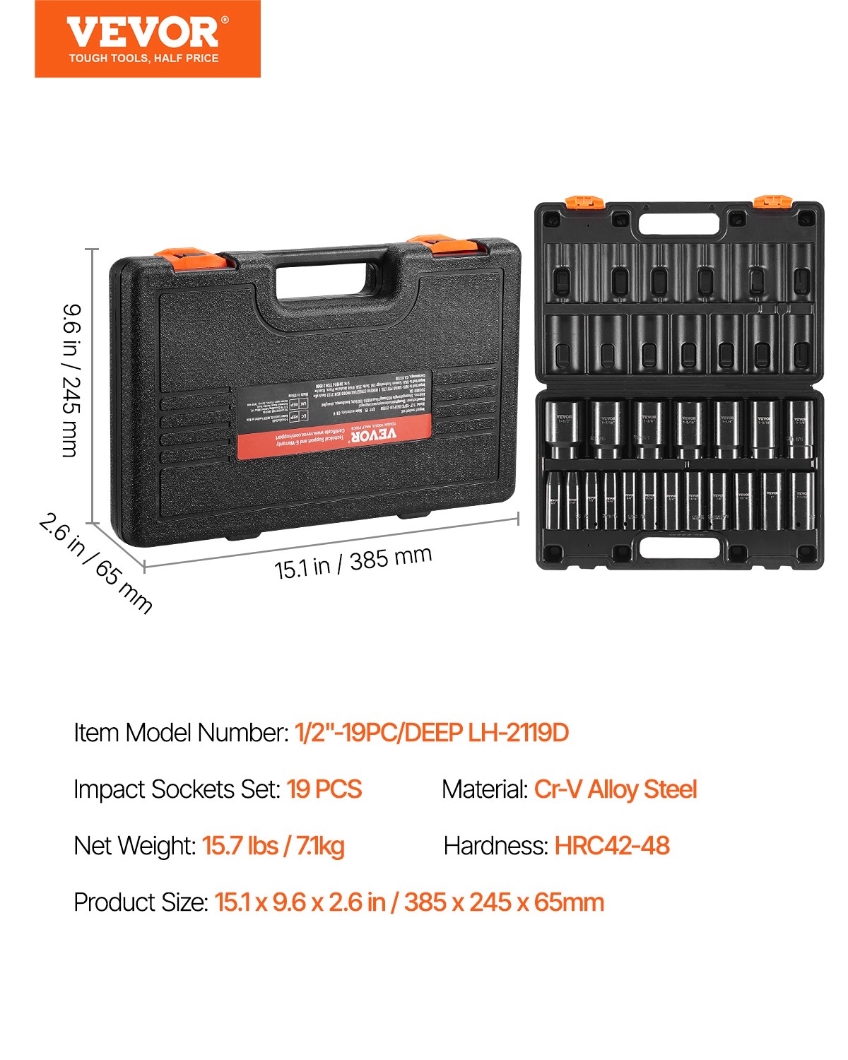 VEVOR 19 Pcs Impact Socket Set 1/2 Inch Drive 3/8 inch to 1-1/2 inch Deep Length
