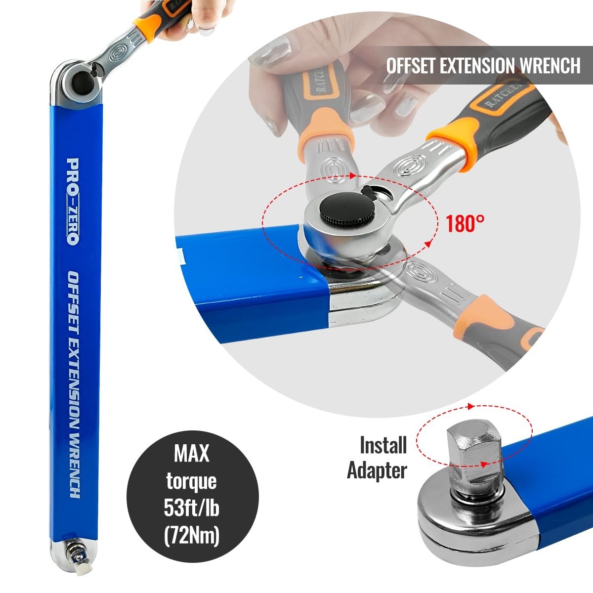 Offset Extension Wrench Set – Tight Reach 1/2″, 1/4″, 3/8″ Adapters, Universal T