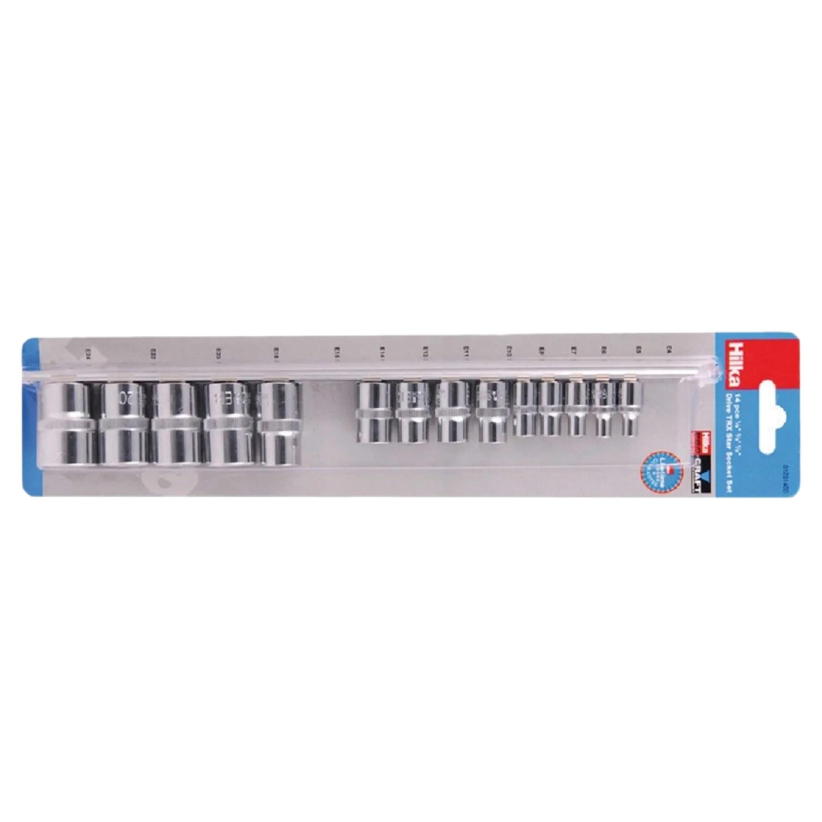 14Pc TX Star Socket Set E4 – E24 CRV Steel 1/2″, 1/4″ & 3/8″ Drive Storage Rail