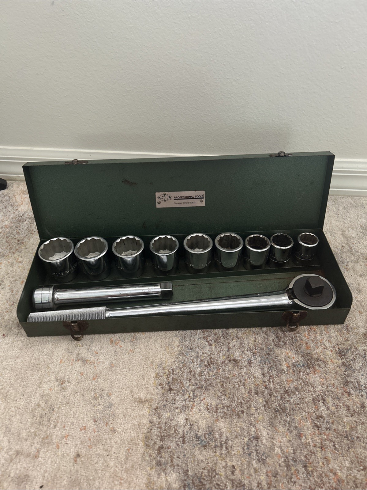 Vintage SK Tools 3/4 Drive Set SAE 15/16 – 1 5/8” Ratchet, Sockets, Extension