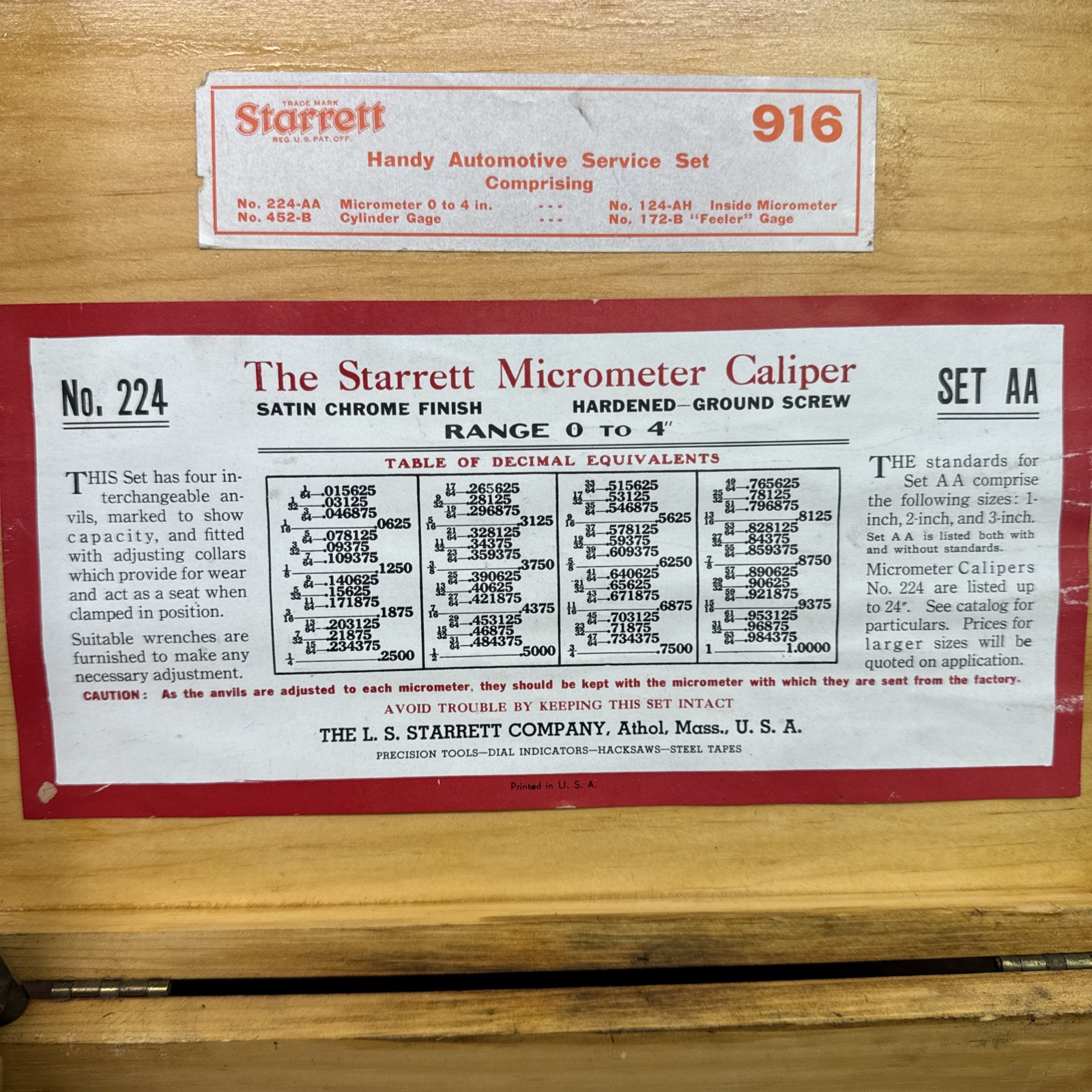 Starrett 916: Auto Service Set W/ Case, 224 & 124 Mics, 452 Bore, 172 Feeler