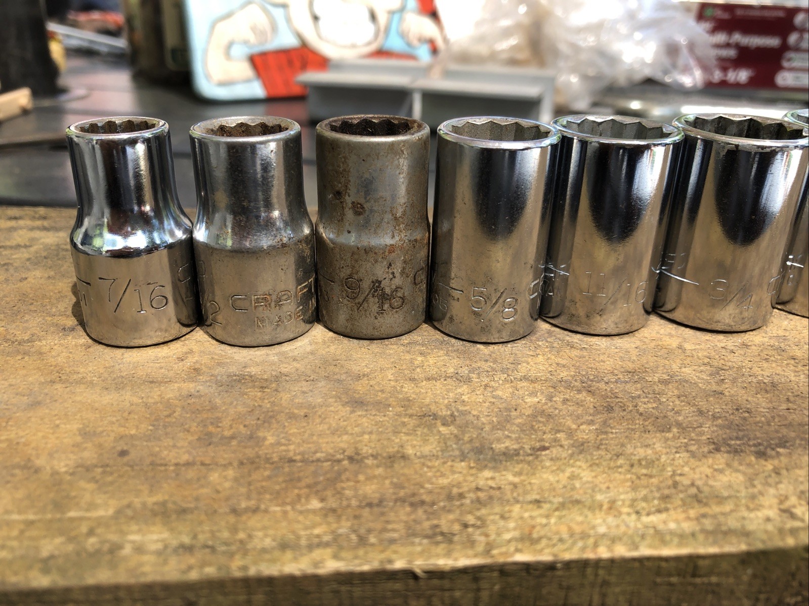 Craftsman SAE Socket Set 1/2 Drive 12 Pt 7/16-1 1/6 USA Good 11 Pieces