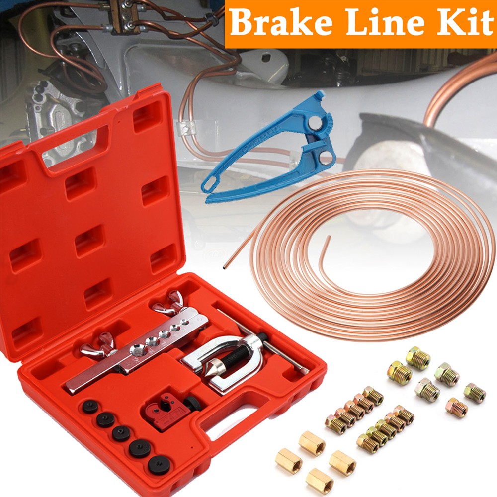 Copper Coated Brake Line 3/16 25FT & Flaring Tool + 20 Nuts Fittings Repair Kit