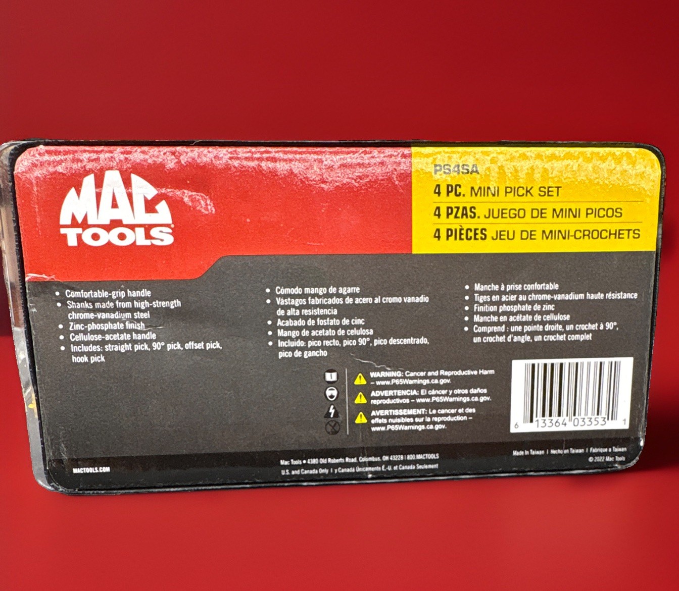Mac Tools 4-piece Mini Pick Set (part numbers PS21A, PS22A, PS23A, and PS24A)