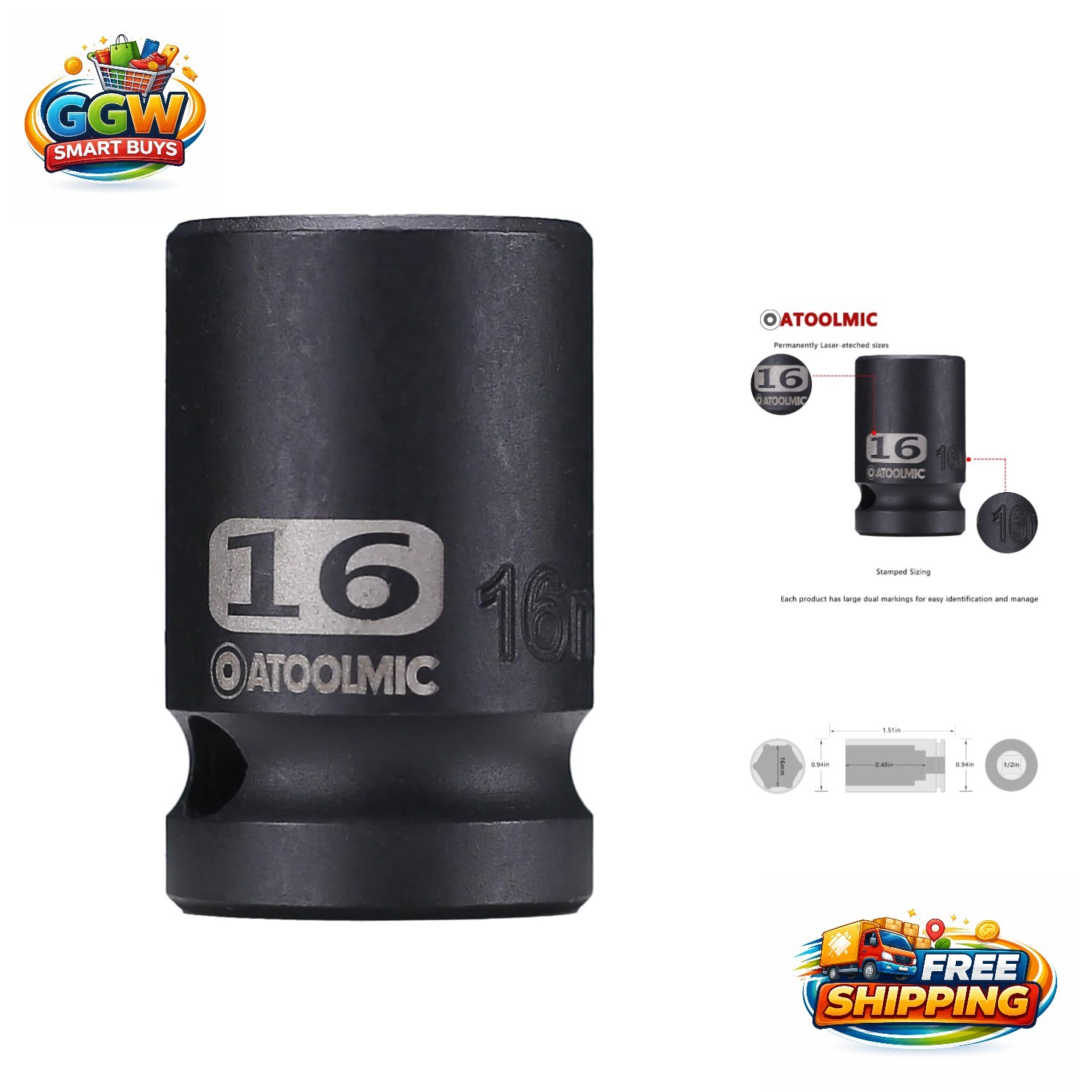 6-Point Shallow Impact Socket 16mm – Chrome Molybdenum Steel with Radius Corners