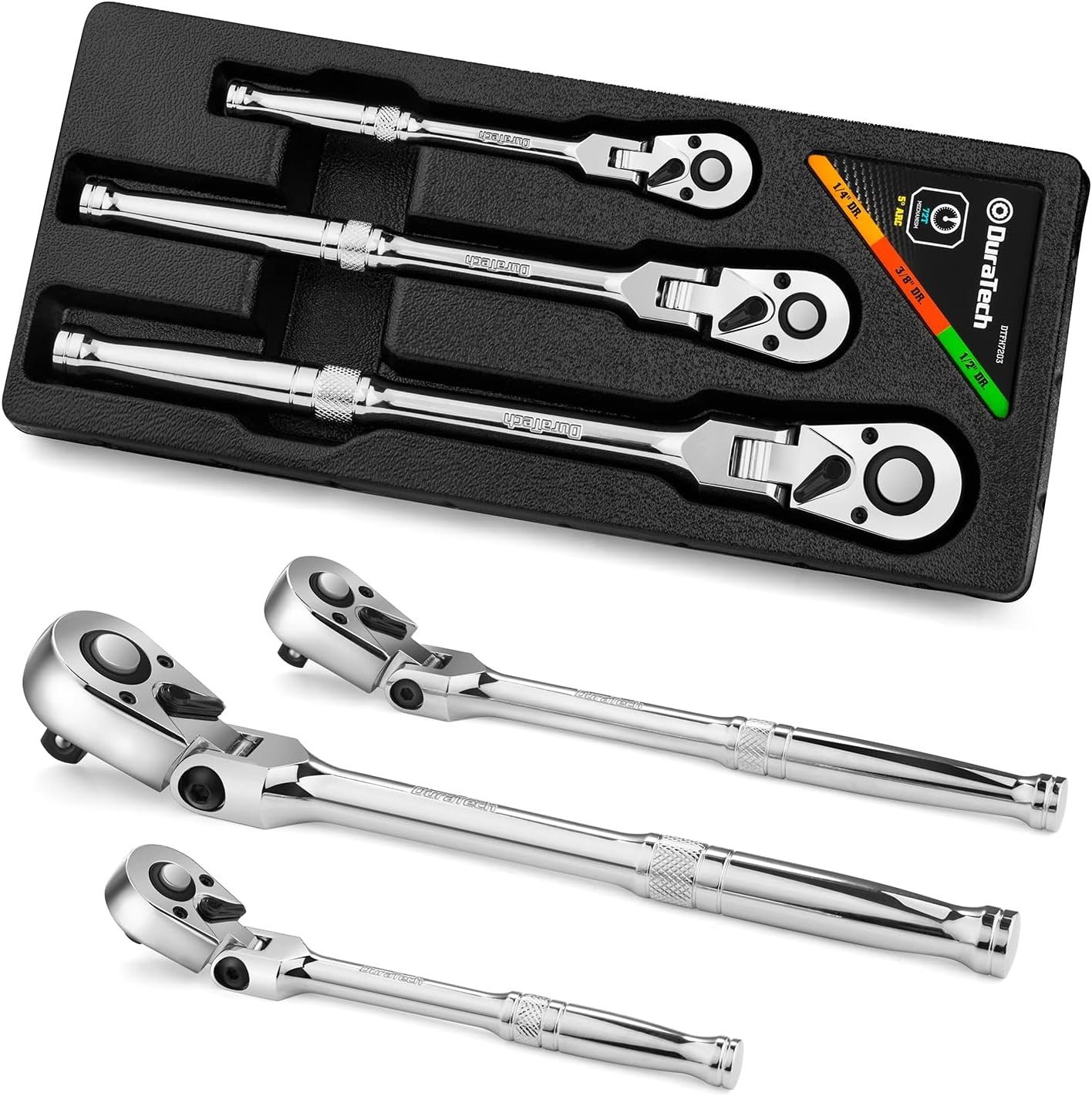 3-Piece Flex-Head Ratchet Set, Alloy Steel, 72-Tooth Design