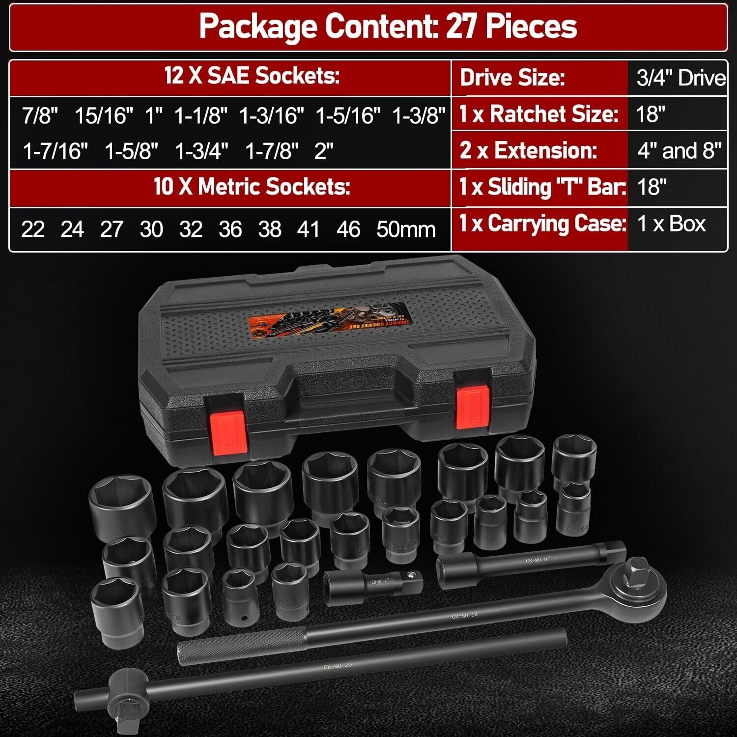02499A 3/4″ Drive Impact Socket 27pcs SAE 7/8″ to 2″ and Metric 22 to 50 mm Set