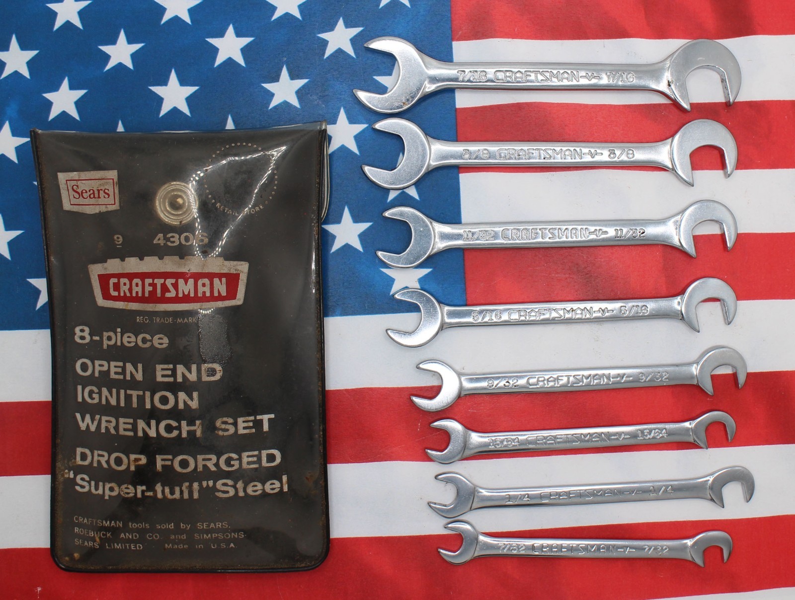 Craftsman USA no 9 4306 -V- Series 8 Pc Open End Ignition Wrench Set Crown Logo