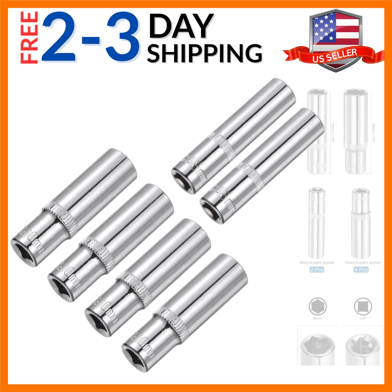 6-Point Shallow Socket, 1/4″ Drive 2pcs 8mm Deep Socket & 4pcs 10mm Deep Sock…